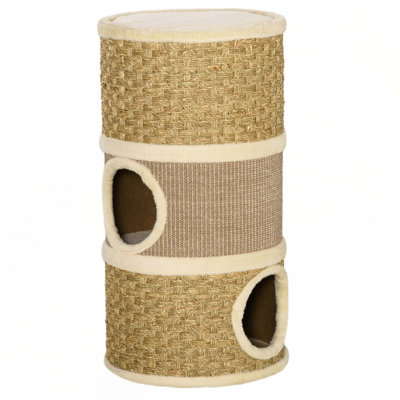 Habitation pour chat 28 po, cachette pour chat 3 étages avec patin à griffes en sisal, petit arbre à chat en forme de tonneau pour chats d'intérieur, kaki et brun