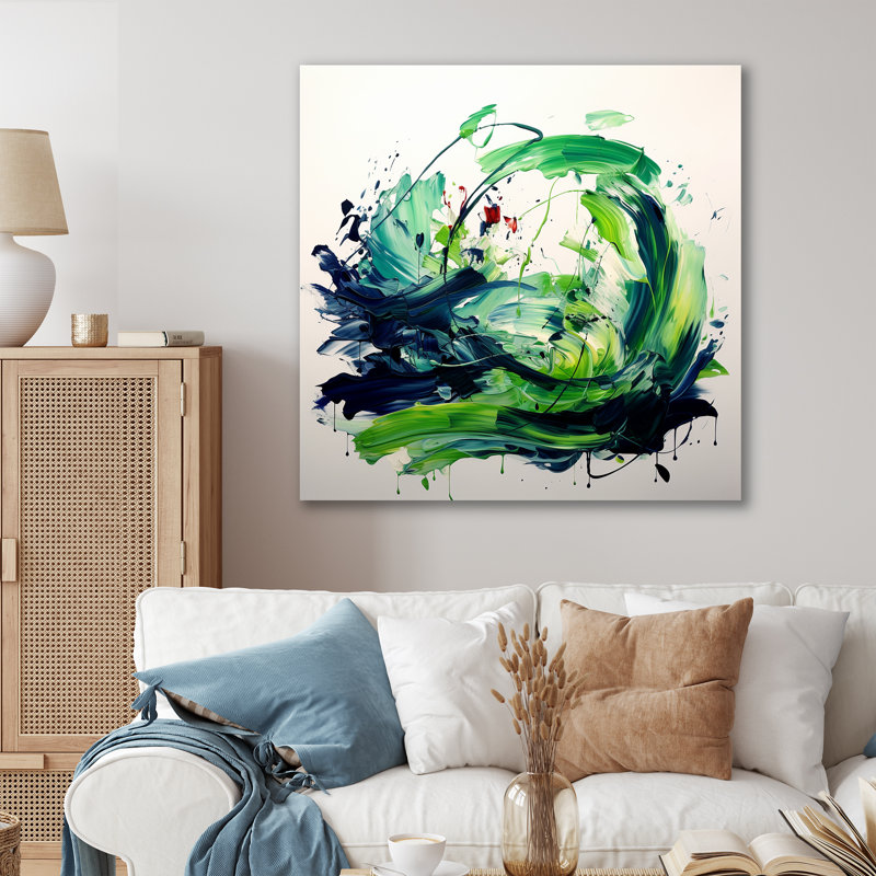 «Green and White Abstract Ink Expression V», art mural abstrait, Toile tendue, H 30 po x l 30 po x P 1,5 po