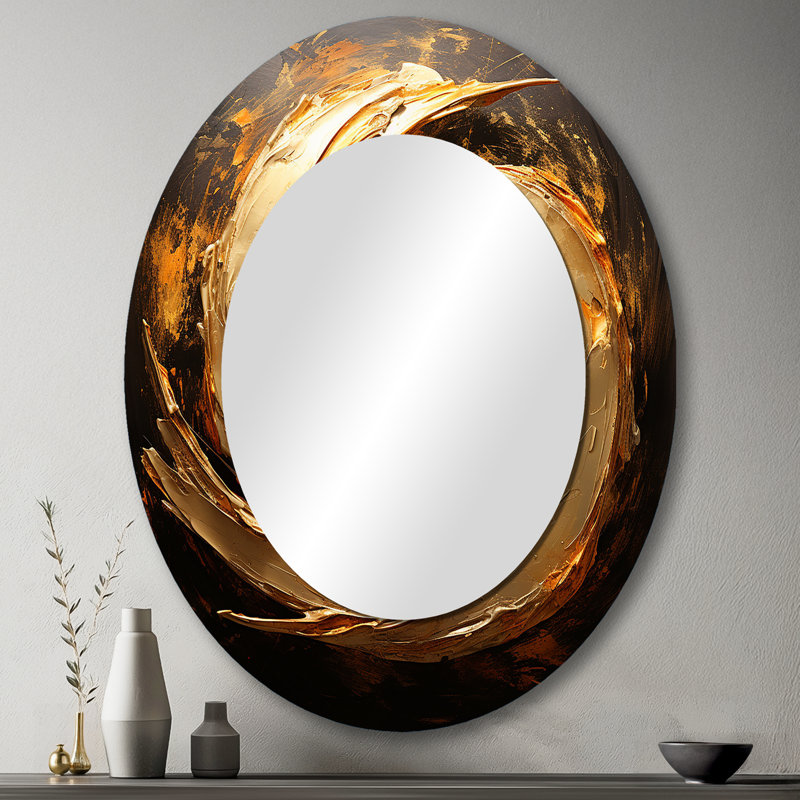 Spirale rétro, peinture dorée sur fond noir - grand miroir mural ovale sur métal, 43 po x 33 po