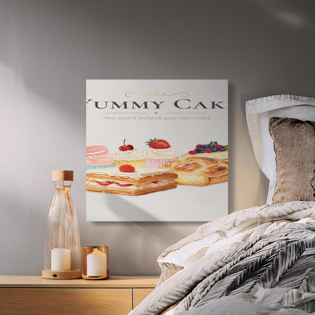 Yummy Cake Canvas Wall Art, Delightful Dessert Lover Kitchen Decor, Sweet Treat Bakery Illustration Print for Foodie Home Decor Gift