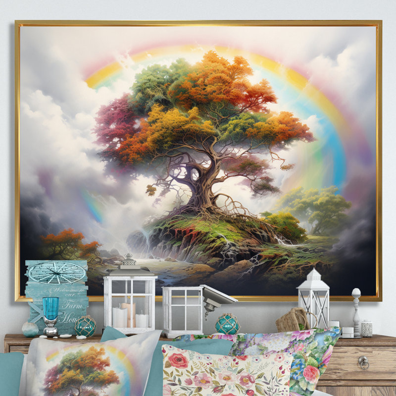 Mythique arbre majestueux avec arc-en-ciel sur toile, Cadre flottant doré, H 30 po x l 40 po x P 1,5 po