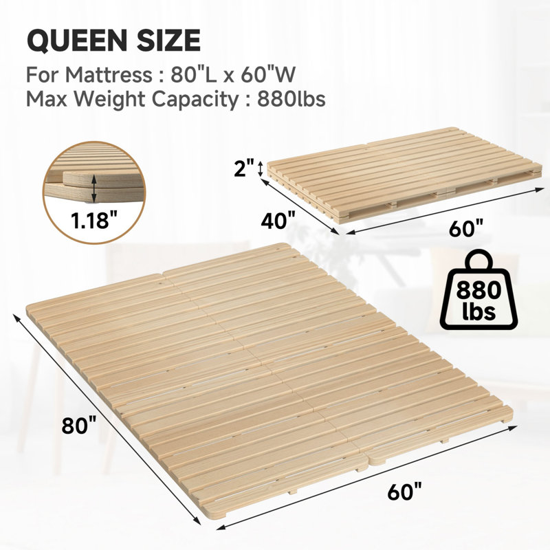 Solid Pine Wood Foldable Slatted Bed, Japanese Bed Frame, Beds Plate for Floor, Tatami Bed Board, Queen