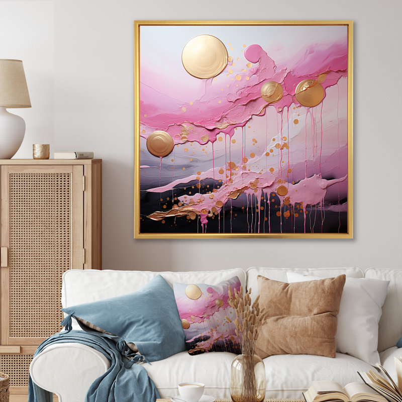 Or et rose, formes liquides modernes I - décoration murale abstraite, Cadre flottant doré, H 30 po x l 30 po x P 1,5 po