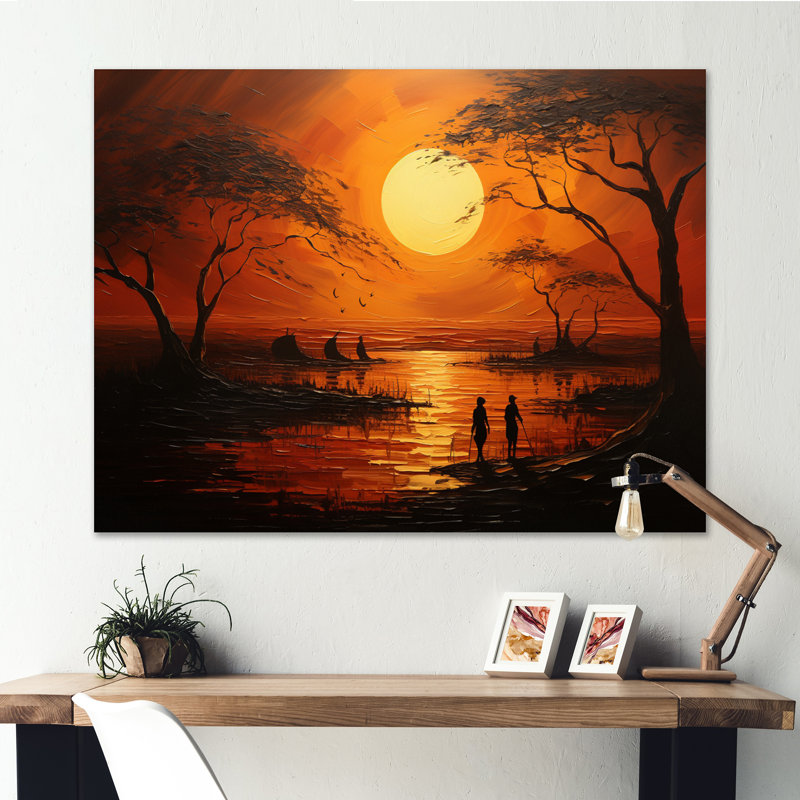 Coucher de soleil africain tribal II - décoration murale tribal africain, H 16 po x l 32 po x P 1 po, Toile tendue