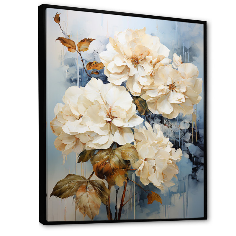 «Minimal Beige Hydrangea Grace», reproduction sur toile, H 32 po x l 16 po x P 1 po, Cadre flottant noir