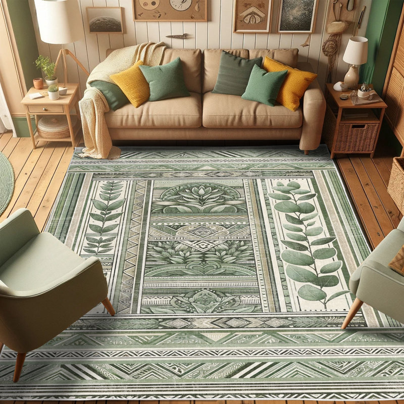 Peacock Green and Pale Tan Botanical Synthetic Area Rug