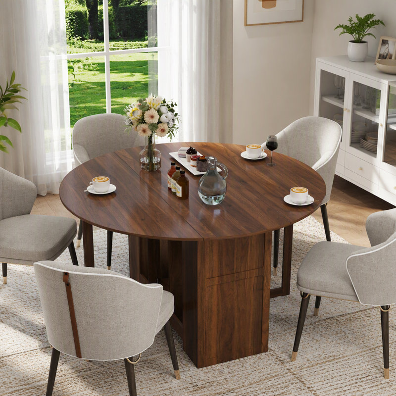 Round Drop Leaf Folding Dining Table,Space-Saving Convertible Dinner Table, Modern Multifunctional Collapsible Table For Small Spaces, Apartments