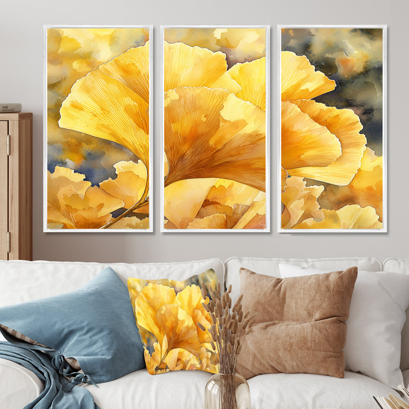 Golden Ginkgo Leaf II - feuilles, art mural - ensemble de 3, H 28 po x l 36 po, Impression encadrée sans passe-partout, Blanc