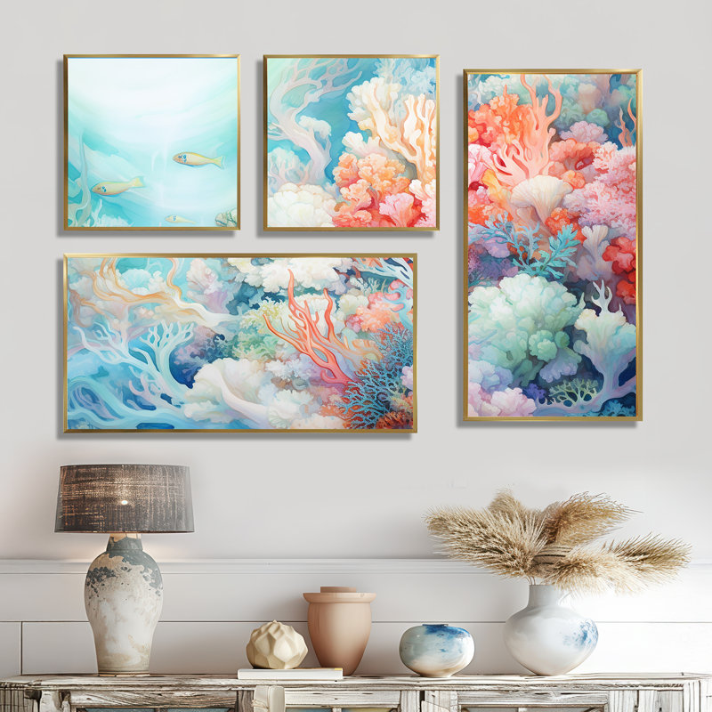 Underwater Coral Symphony Ii I - Art mural en toile rose, 4 pièces, Impression encadrée sans passe-partout, Doré