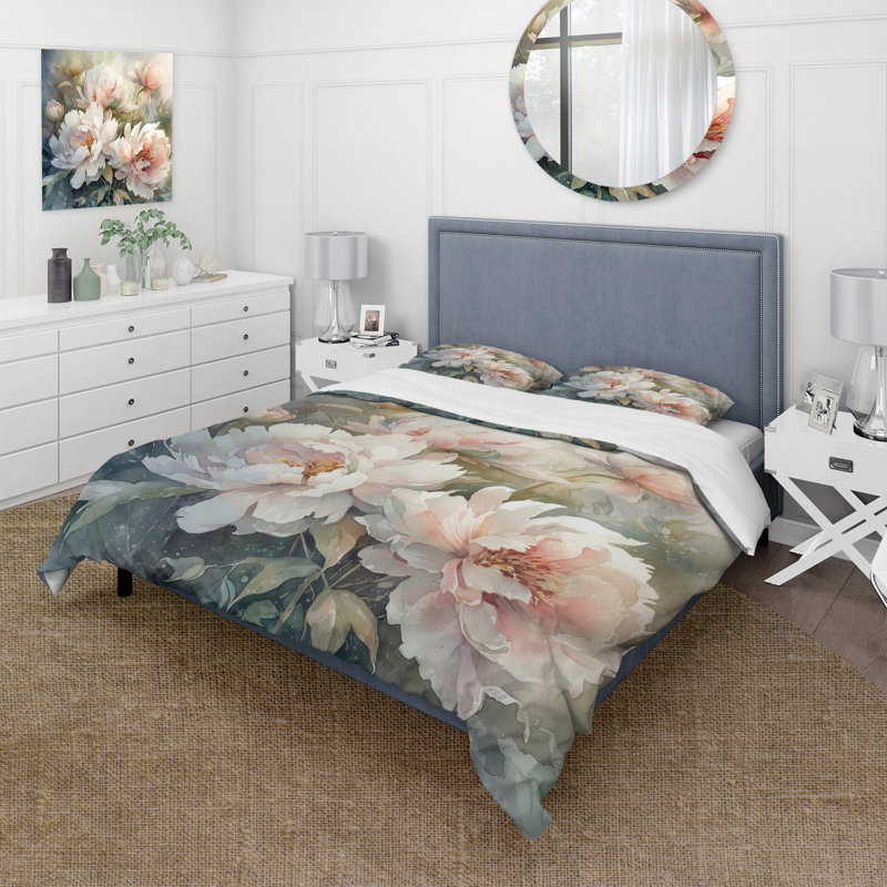 Pivoines roses et vertes sur branche II - ensemble de housse de couette floral - microfibre de polyester