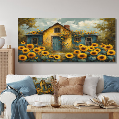 'Yellow Brown Sunflower Field At The Barn - Sunflowers Wall Art Print