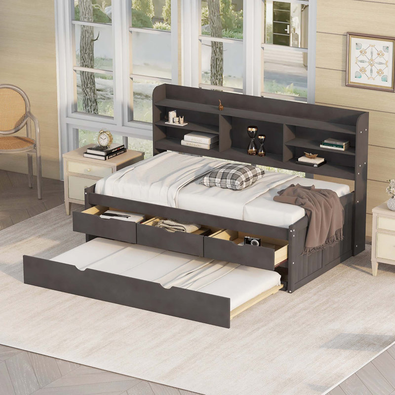 Wooden Captain Daybed Bed With Built-In Bookshelves, Twin, Antique Gray