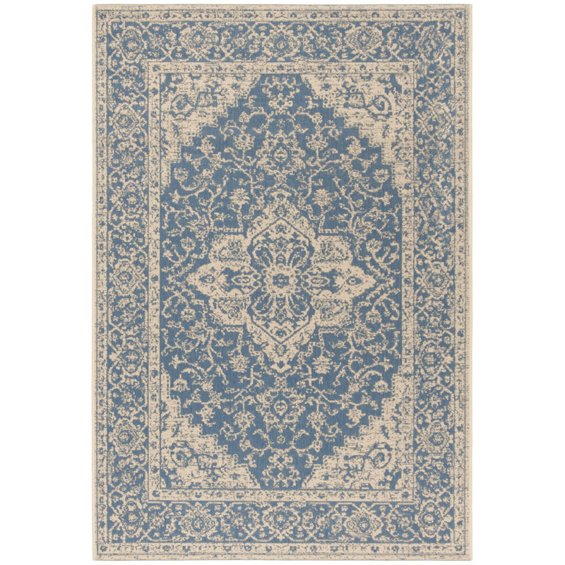 Danya Blue/Cream Indoor/Outdoor Area Rug, Rectangle 5'3" x 7'6"