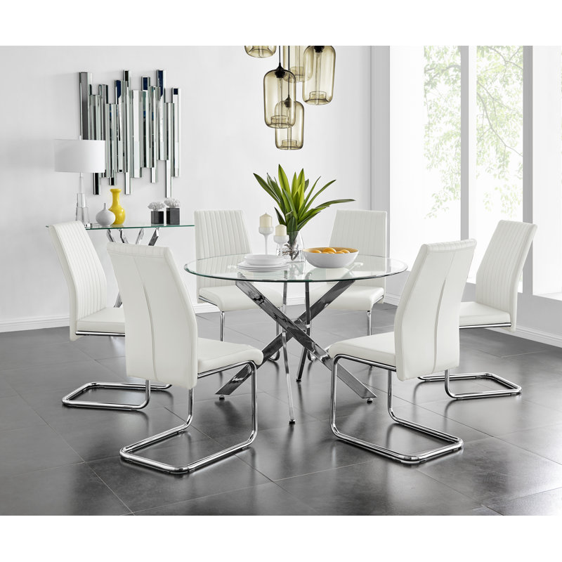 Tierra Modern Chrome Metal & Glass Round Dining Table Set with 6 Upholstered Faux Leather Chairs, White