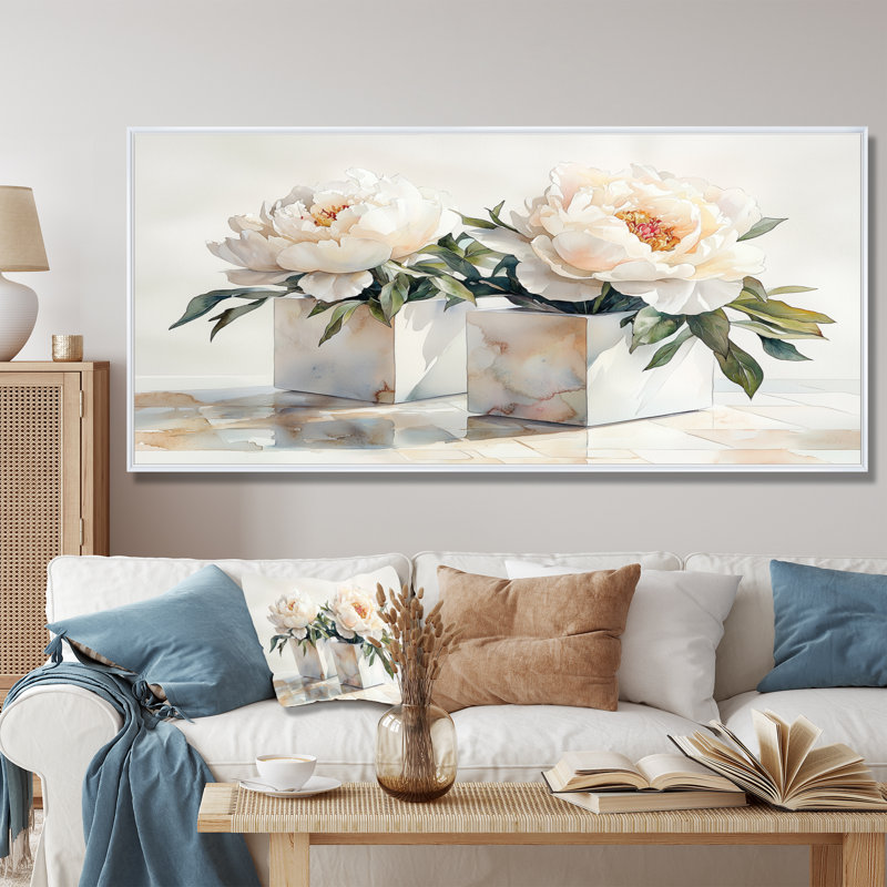 Minimal pivoines dans des cubes blancs II - pivoines, art mural, H 28 po x l 60 po, Cadre flottant blanc