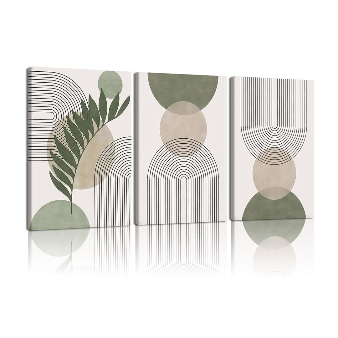 3Pcs Modern Geometric Canvas Wall Art Bohemian Style Green Abstract Wall Decor Art Minimalist Line Leaf Posters Print Suitable For Living Room Bedroom