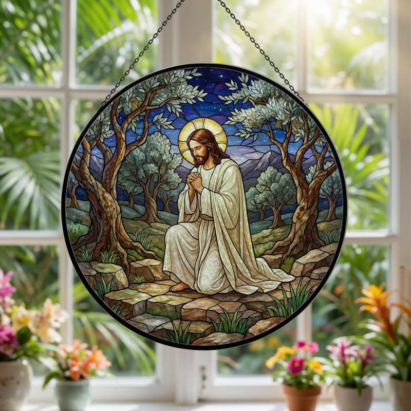 Jesus Prayer Stained Glass Window Panel，7.8H, 7.8"H