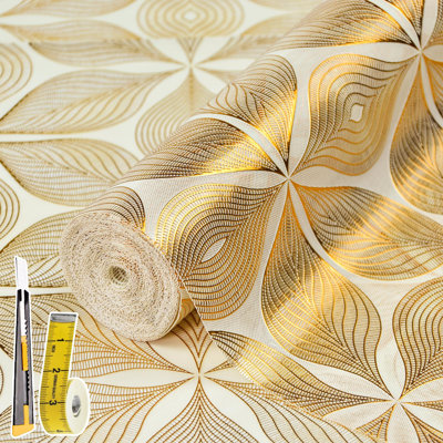 Drawer And Shelf Liner For Kitchen Cabinet,Non-Adhesive Waterproof Drawer Liner For Dresser & Bathroom Vanities With Adhesive Dots & Cutting Tool(12 In X 30 Ft Gold Leaf Pattern)