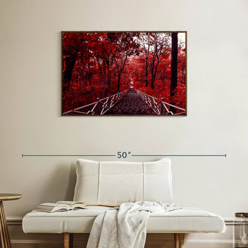 Arbres rouges, 37 po x 25 po, Cadre flottant en noyer