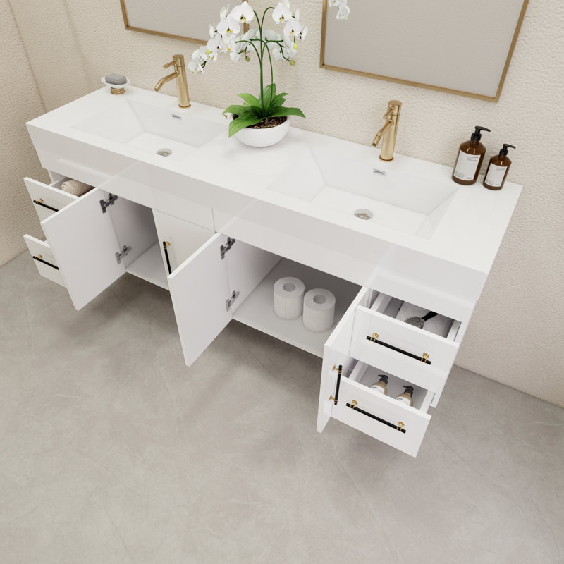 70.8" Wall-Mounted Double Bathroom Vanity Set, Glossy White