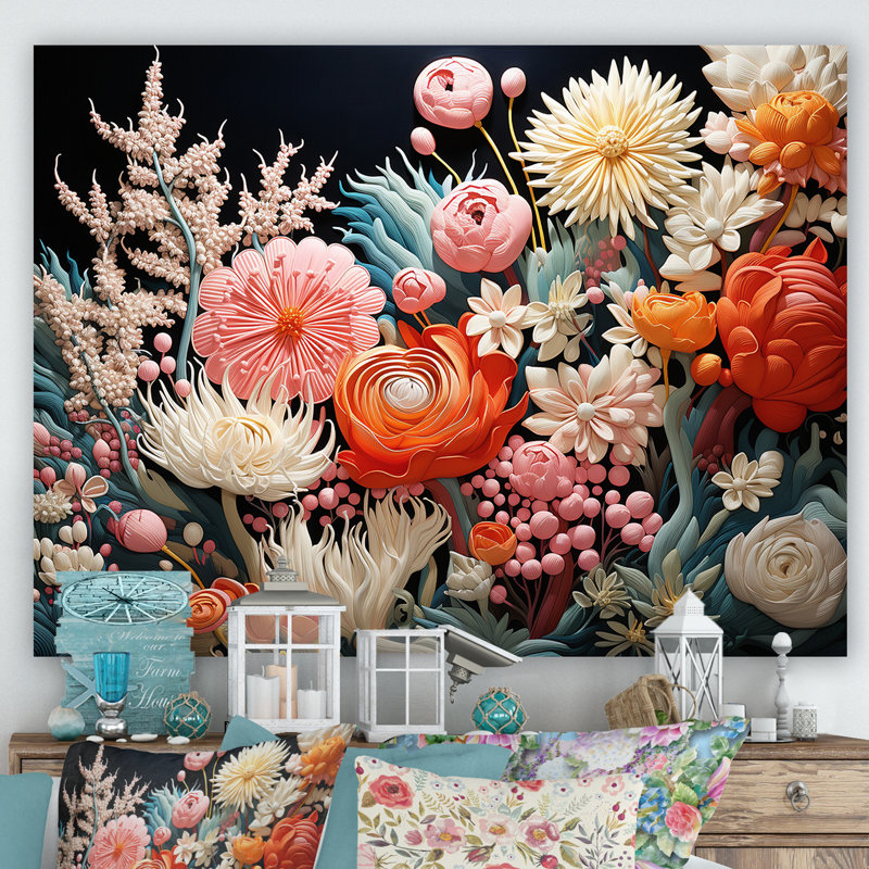 Pêche et corail blanc II sur toile, Toile tendue, H 34 po x l 44 po x P 1,5 po