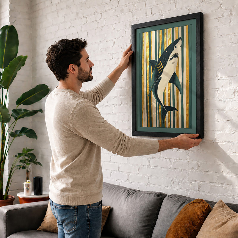 Primal Shark Graphic - Framed Print, Black, A4 - 29.7 x 21.0 cm