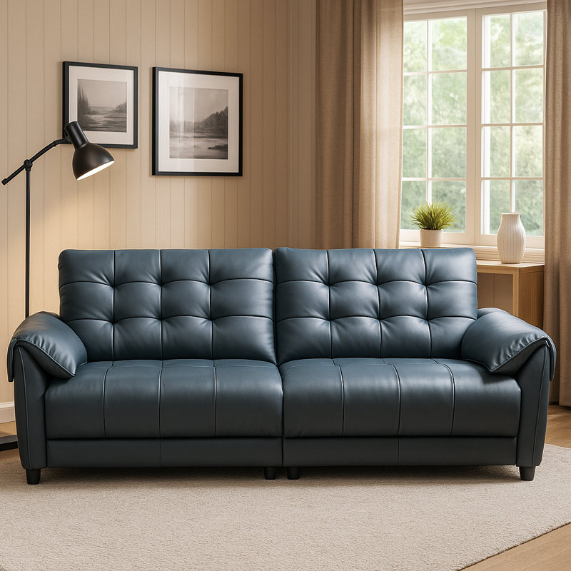 Coelho 112" Top Grain Italian Leather Tufted Sofa, 3 Seater Tufted Leather Sofa