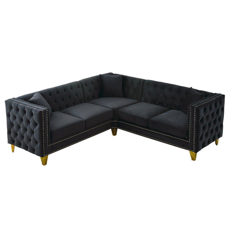 Tareena L-Shape Sectional Sofa Tufted Velvet Sofa with Nailhead Design, Black Velvet