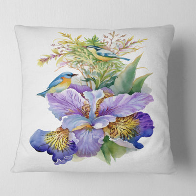 Purple Iris With Birds - Traditional Printed Pillow