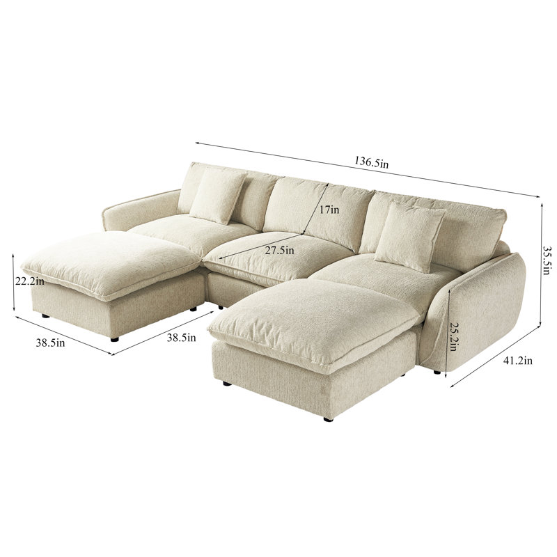 Canapé modulaire en U avec repose-pieds, Mélange de polyester brun pâle