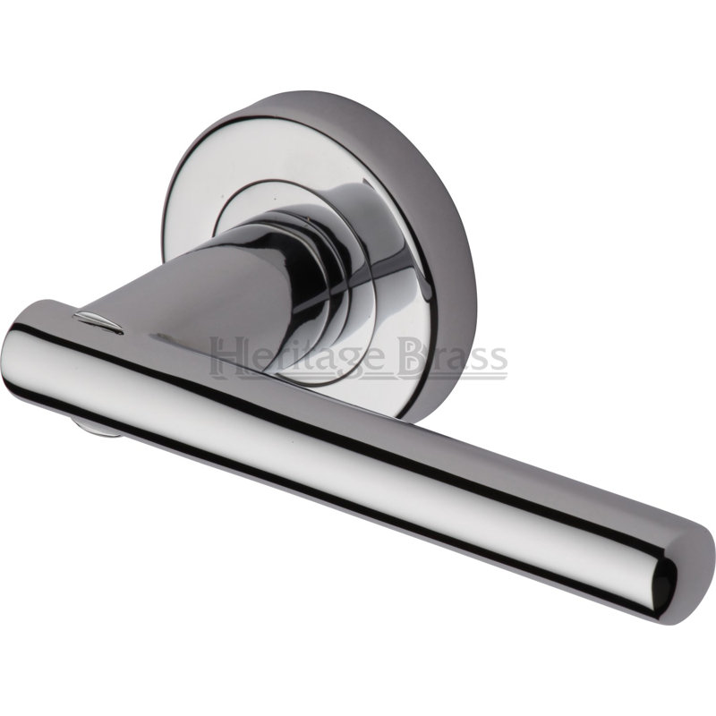 Heritage Brass Door Handle Lever Latch on Round Rose Challenger Design, Polished Chrome