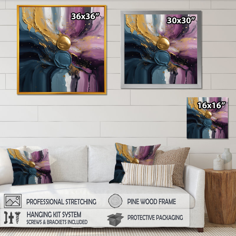 Mabe, mouvements mauves et bleus en peinture II sur toile, H 16 po x l 16 po x P 1 po, Encadrement doré