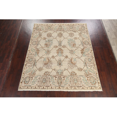 Tapis beige / ivoire / brun en laine noué à la main de conception unique 7 pi 11 po x 9 pi 4 po