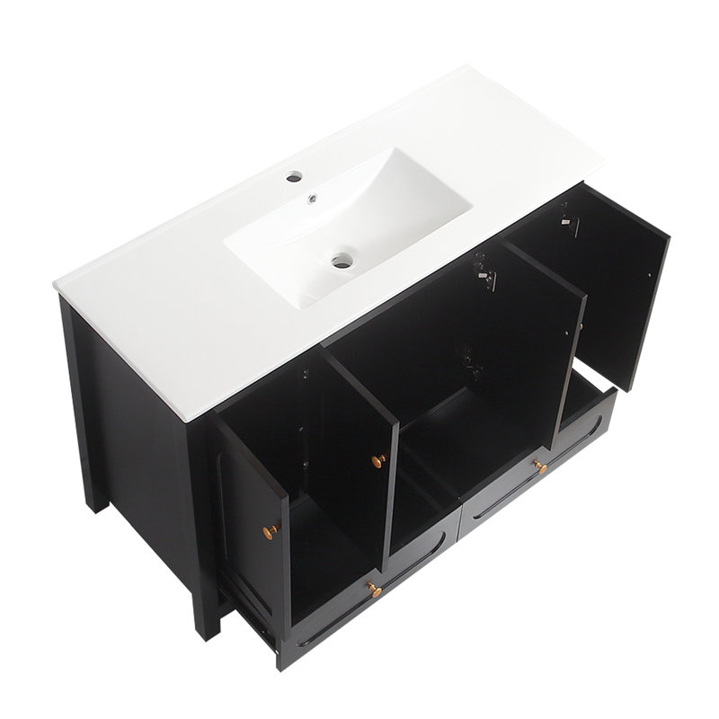 Meuble-lavabo noir de 48 po avec 4 portes coulissantes, 2 tiroirs, une structure robuste en bois massif, une armoire, une fermeture en douceur et un rangement spacieux et transitionnel, des portes à fermeture silencieuse