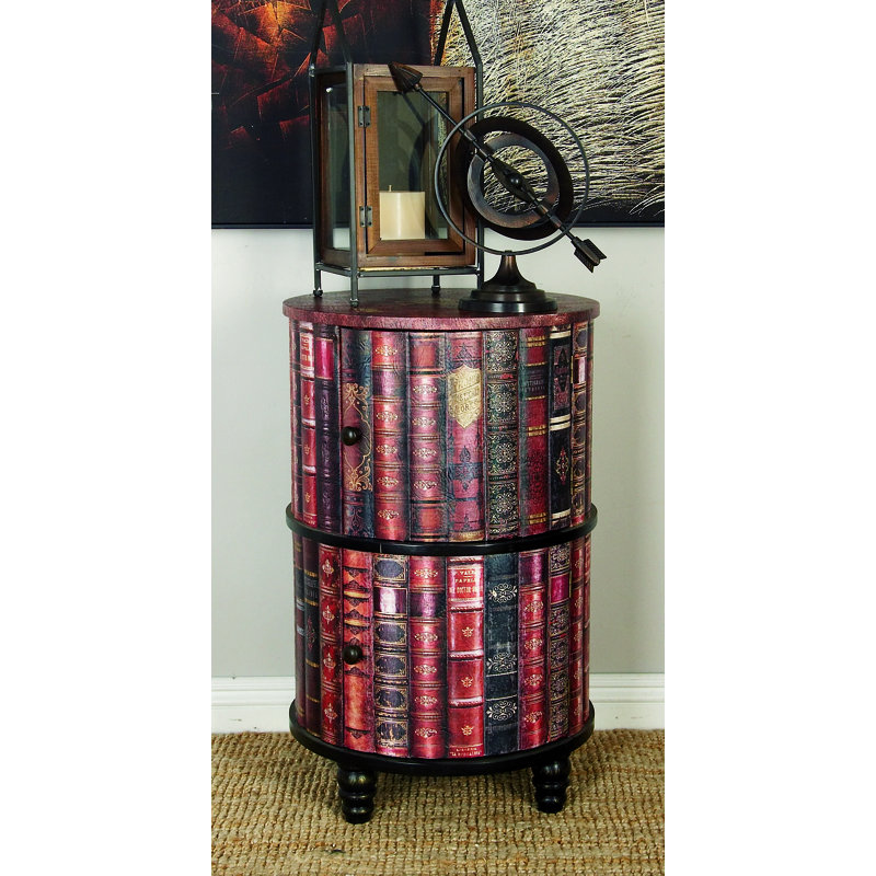Advik Faux Leather Circular Storage 2 Door Red Cabinet with Stacked Book Design and Scroll Details