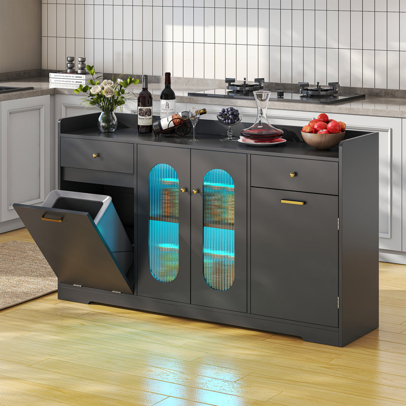 54'' Large Evynn With Led Light And 2 Drawers, Evynn With Trash Can Storage And Adjustable Shelves, Black