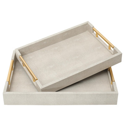 Set Of 2 Serving Tray With Gold Polished Metal Handles Ivory Wood Decorative Tray PU Leather With Brushed Gold For Coffee Table Ottoman Console Table