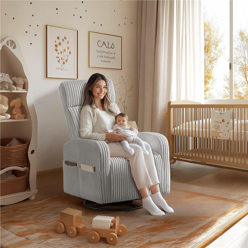 Corduroy Swivel Nursery Gliding Rocker Chair, Light Grey