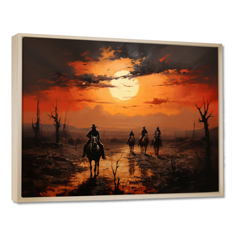 Western Sunset Riders Pointillism Art I - décoration murale occidentale, H 30 po x l 40 po x P 1,5 po, Cadre flottant érable