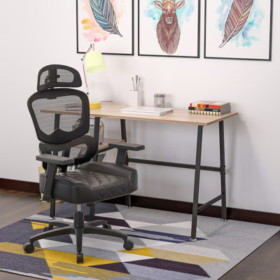 Home Office Desk And Chair Set Computer Desk W/Shelves With Ergonomic Mesh Height Adjustable Office Chair -  Vecelo, KHD-DC-CD01&KHD-OC18-BLK