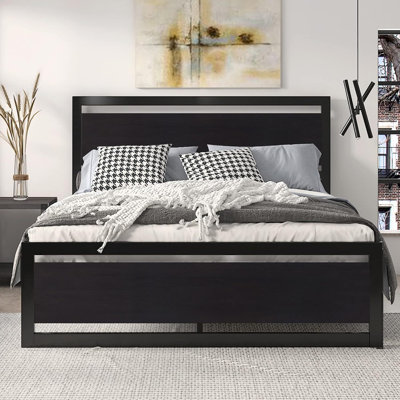 Queen Size Black Bed Frame With Modern Headboard & Square Footboard, Heavy-Duty Metal Platform Base, 13 Reinforced Slats, No Box Spring Needed