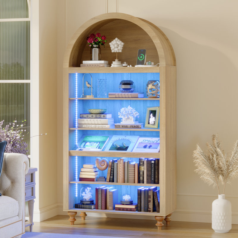 35.4''W Arched Bookcase With Led Lighting, 6 - Tier Storage Cabinet with Adjustable Shelves & Decorative Display Space – Modern Storage Cabinet For Living Room, Home Office, Or Bedroom