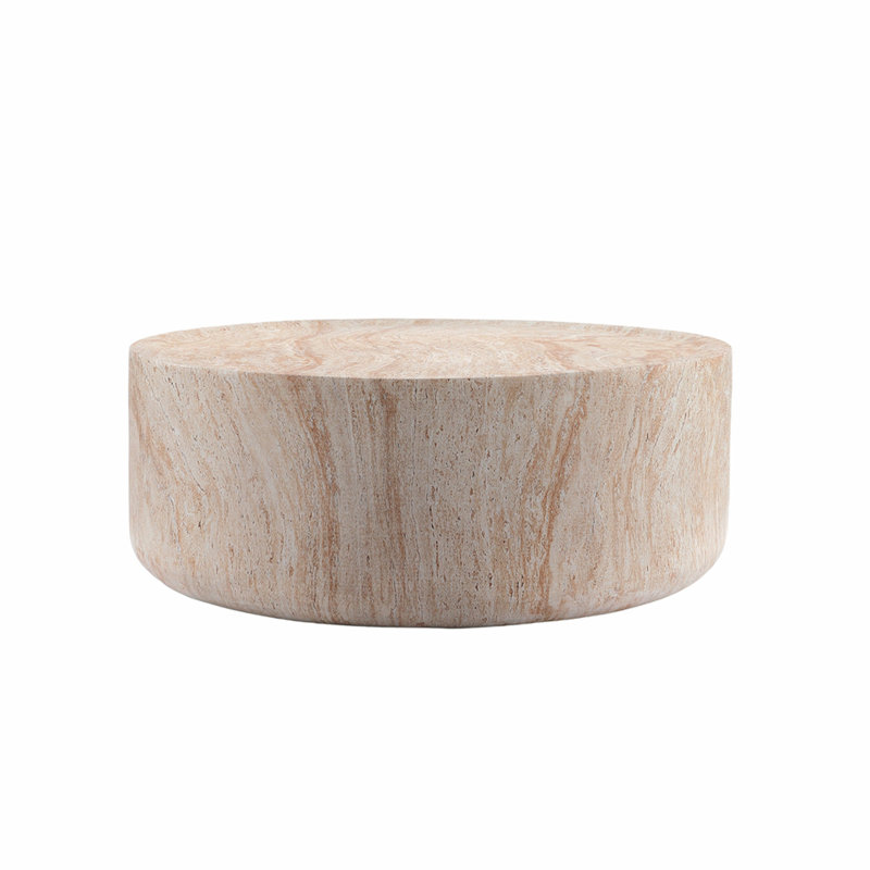 Table basse ronde cylindrique, table basse décorative en faux travertin MgO, table centrale décorative intérieure et extérieure pour patio de salon