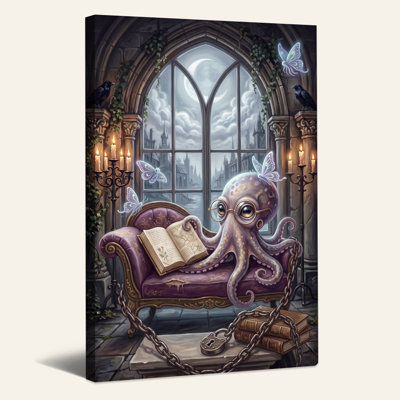Pieuvre lisant un livre sur un canapé mauve au clair de lune, art mural d'Halloween
