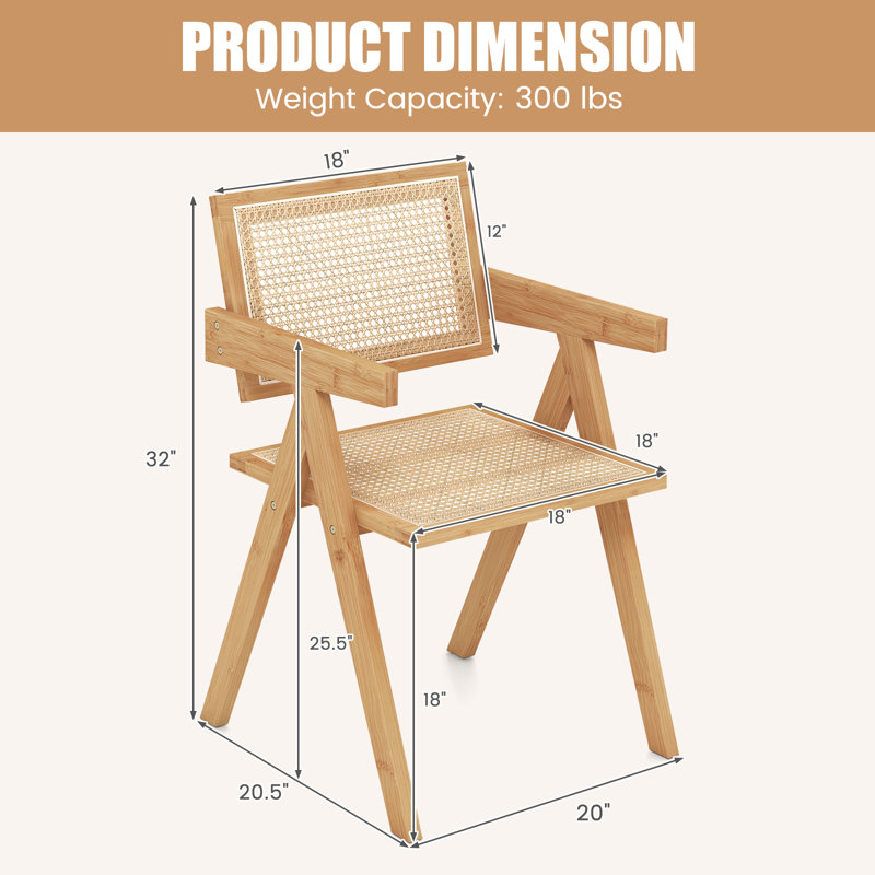 Bay Isle Home™ Set Of 4 Rattan Accent Chairs Mid Century Dining Armchair Bamboo Frame Kitchen Natural