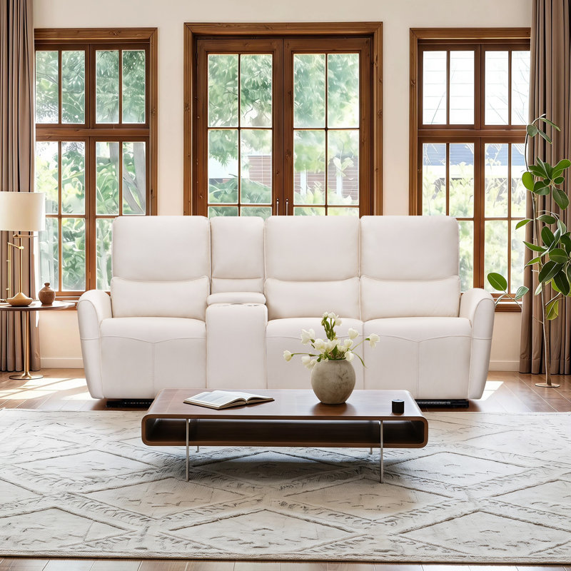 Canapé inclinable électrique en microfibre de 93,6 po de largeur avec oreillers lombaires et console centrale, White