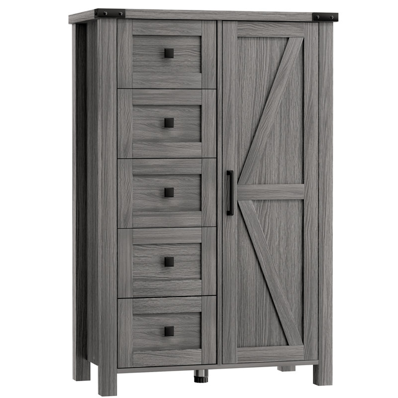 48 Inch Tall Farmhouse Dresser Storage Cabinet Chest of Drawer for Bedroom, 5 Drawer Dresser with Barn Door, Gray