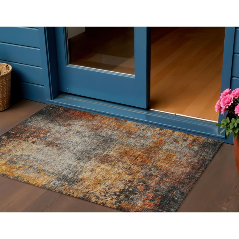 3' X 5' Copper Terra Cotta And Black Abstract Washable Indoor Outdoor Area Rug