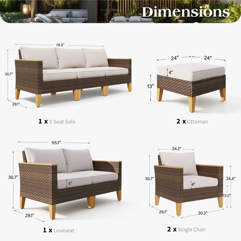 Shutesbury 9-Piece Wicker Outdoor Patio Conversation Furniture Sectional Set with Fire Pit Table, No, Beige