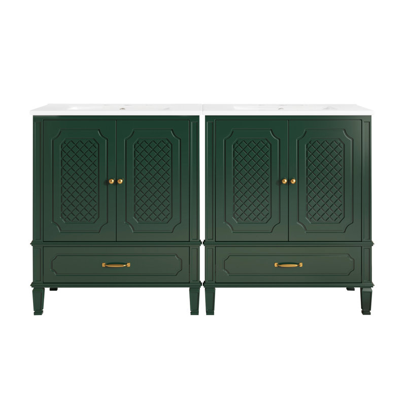 Ensemble de meuble-lavabo double 60 po avec organisateurs de porte et tiroirs 60 po, Vert / laiton